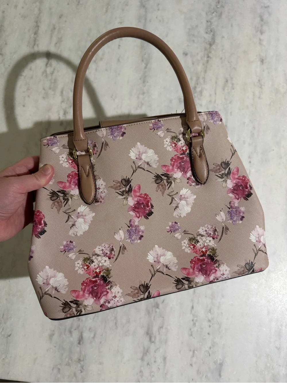 Floral Feminine Cute Beige Top-Handle Women's Vegan Leather Neutral Handbag